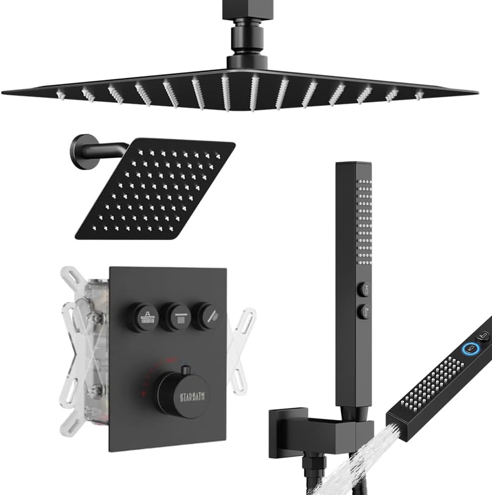 Thermostatic Shower System Matte Black Push Button Shower Faucet Set,12' Ceiling Rainfall and 6' Wall Mount Rain Shower with 2 in 1 Handhled, Can Use All at Once, Shower Set with Valve and Trim Kit