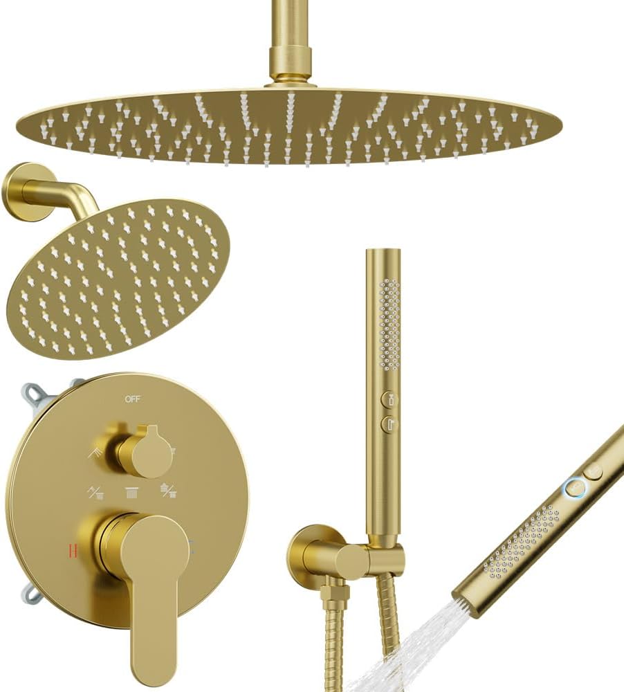 Shower Systems Shower Faucet Sets STARBATH 3 Way 12+6' Round Dual Rainfall Shower Head with Handheld Spray Combo, Ceiling Mounted Rain Shower Valve with 5 Diverter and Trim Kit Complete, Brushed Gold