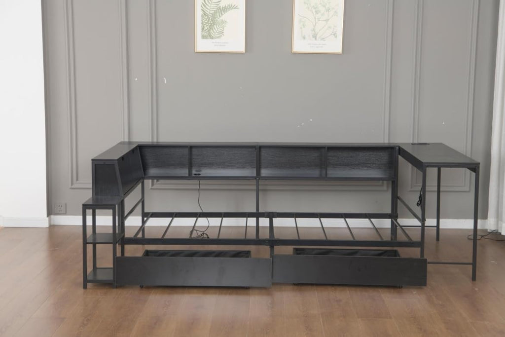 Bellemave Full Corner Bed Frame with Desk and Storage, Full Size Captains Bed with Charging Station and LED Light, Wood Daybeds with L-Shaped Bookcase and 2 Drawers, Black