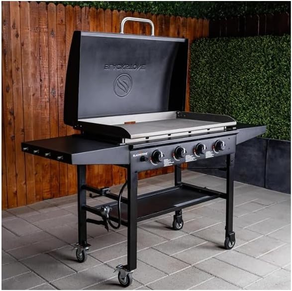 Blackston 36 Inch Gas Griddle with Hood Cooking Station 4 Burner Flat Top Gas Grill Propane Fuelled Restaurant Grade Professional 36' Outdoor Griddle Station with Side Shelf