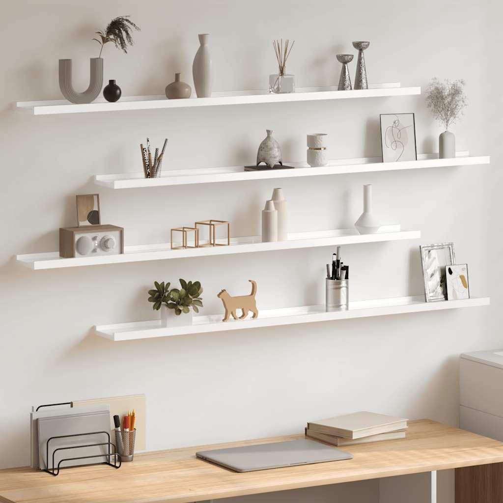 Floating Wall Shelves 4-Pack High Gloss White 45.3'x3.5'x1.2' MDF Display Ledge for Living Room Bedroom Dorm Décor Storage