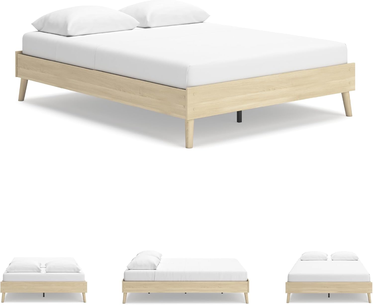 Signature Design by Ashley Cabinella Vintage Queen Platform Bed with Metal Slats and Center Support Legs, Wood, Foundation or Box Spring Not Needed, Light Brown