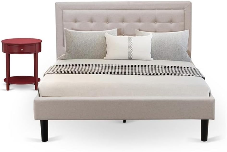 East West Furniture FN08Q-1HI13 2-Piece Fannin Queen Bed Set Furniture with 1 Queen Bedframe and an End Table for Bedroom - Reliable and Durable Manufacturing - Mist Beige Linen Fabric