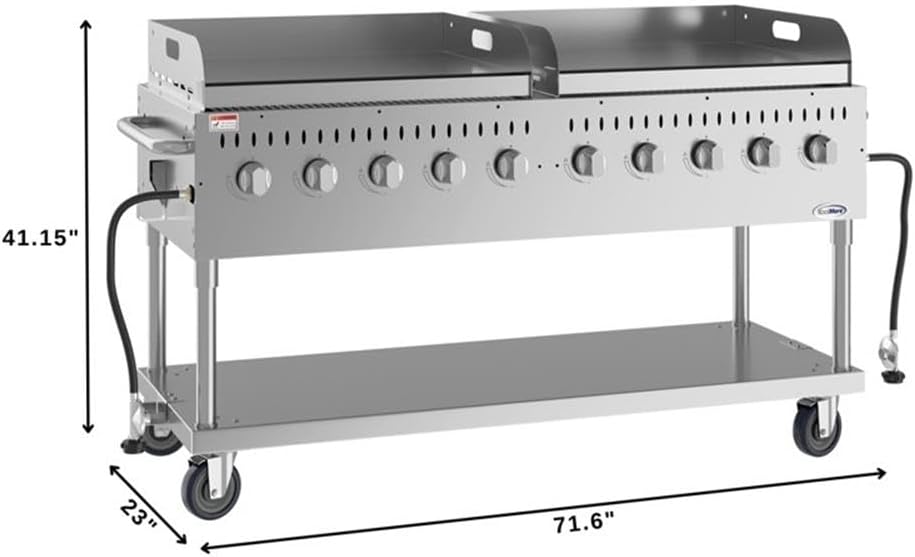 Pemberly Row 72' Stainless Steel Commercial Outdoor Propane Grill – 10 Burners, Dual Griddles, Heavy Duty BBQ Gas Grill