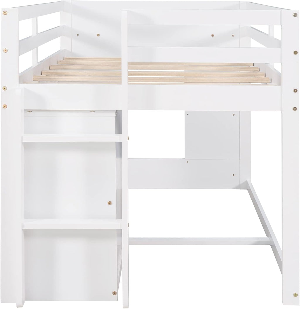 Ball & Cast Twin Size Low Loft Bed with Safety Guardrail & Stair,Wooden Bedframe W/Cabinet & Shelf,Solid Construction,No Spring Box Needed,Furniture Set for Boys Girls Keens Study Bedroom,White