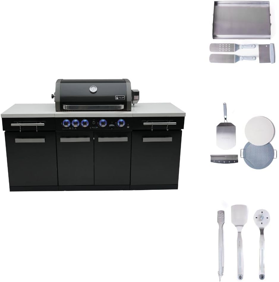 Mont Alpi Premium 70'W Black Stainless Steel Compact Outdoor Kitchen Island with 32'W 4-Burner BBQ Gas Grill + Universal Flat Top Griddle + Pizza Peel + Cleaning Brush + Spatulas + Tongs + Scraper