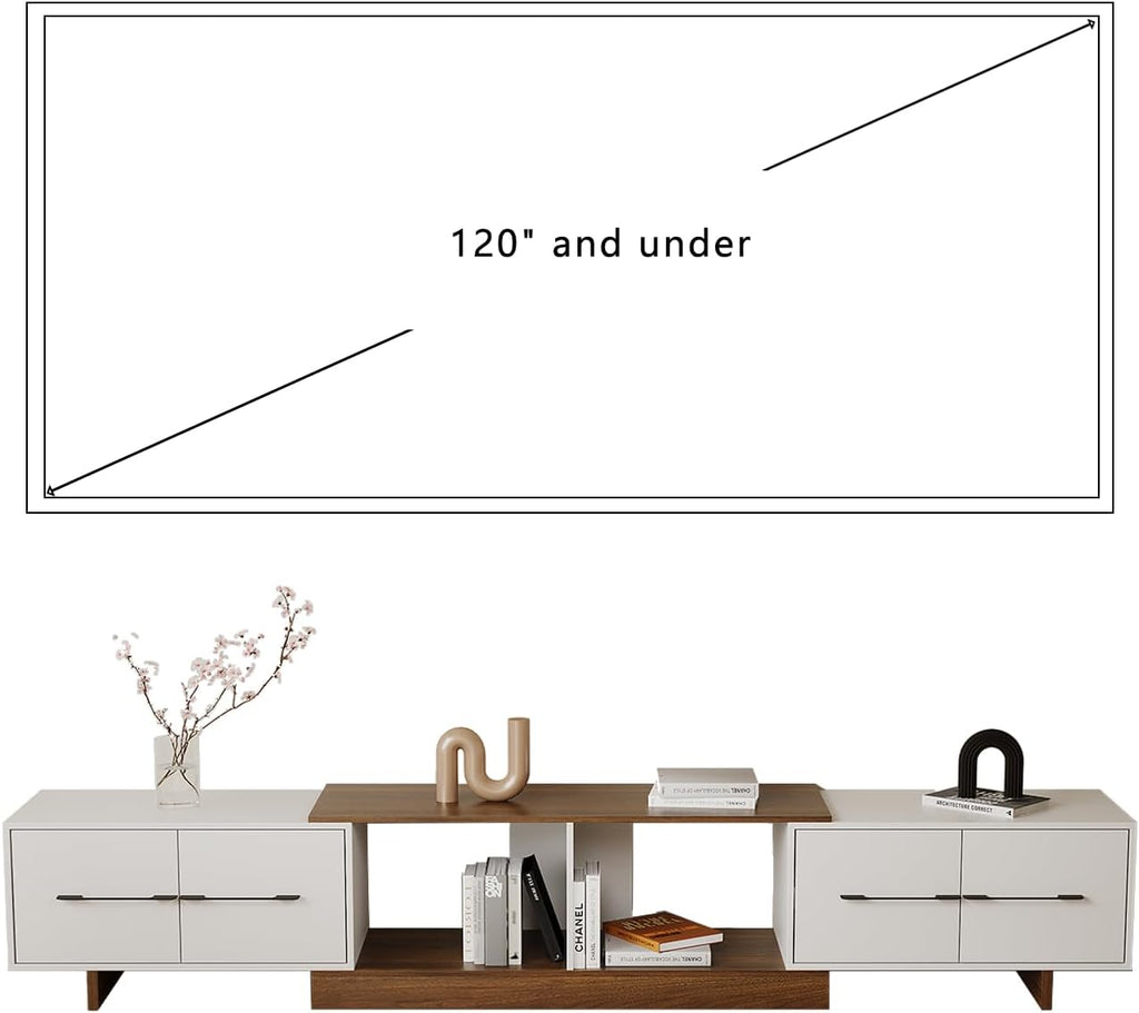 Extendable TV Stand, Modern TV Console with 4 Large Drawers and Adjustable Shelves, Entertainment Center Fits Up to 120' TV, Media Console for Living Room, Walnut & White (Extendable 74.8'-102.3')