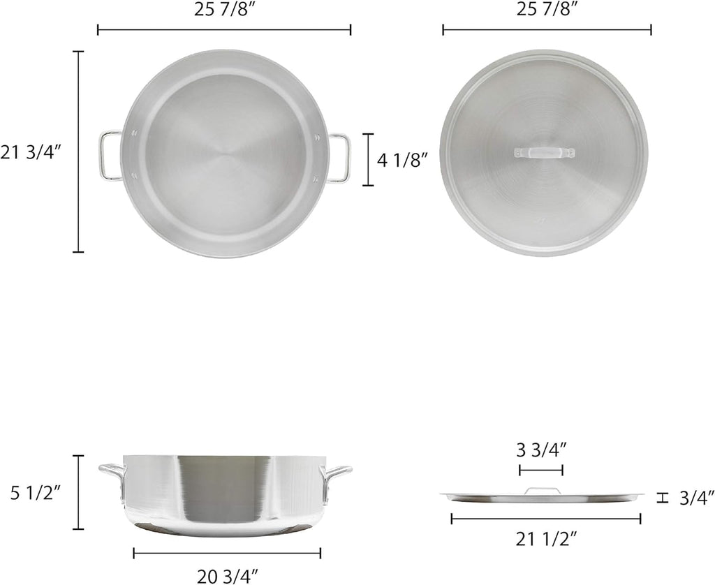 TrueCraftware- 35 qt. Aluminum Brazier Pot with Cover 6mm Thickness- Heavy Weight Cookware Braiser Pan Braising Pan Perfect Roasting Baking Sauteing Searing and Pan Frying Mirror-Finished