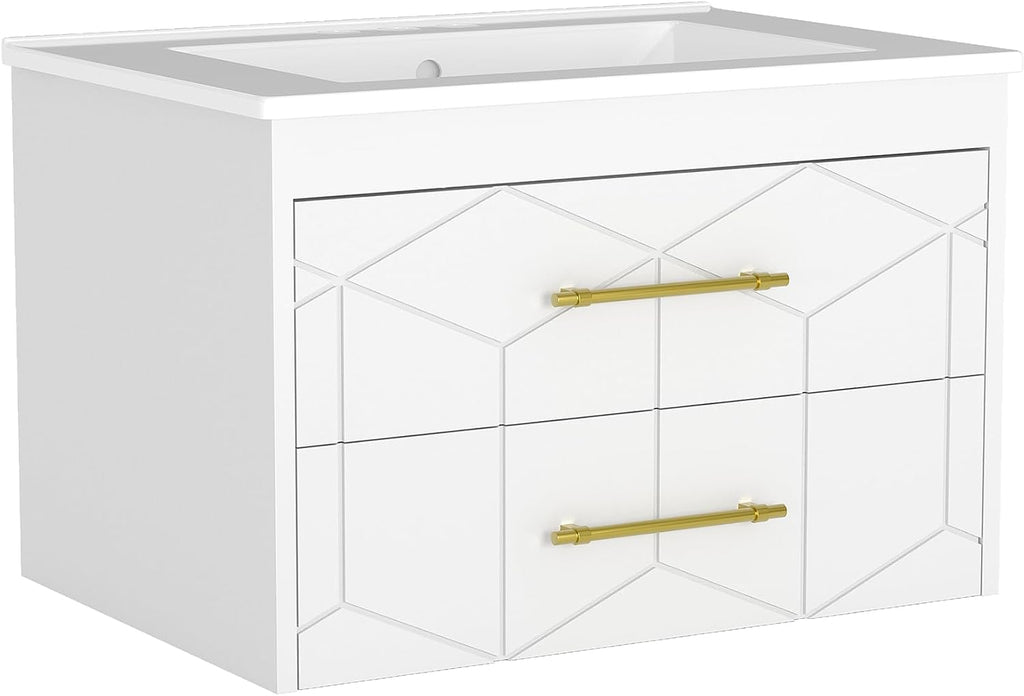 Garvee 24' Bathroom Vanity with Sink, Floating Bathroom Vanity with Ceramic Basin, 2 Large Storage Drawers with Gold Metal Handle, Modern Wall Mounted Bathroom Cabinet with Sink, White