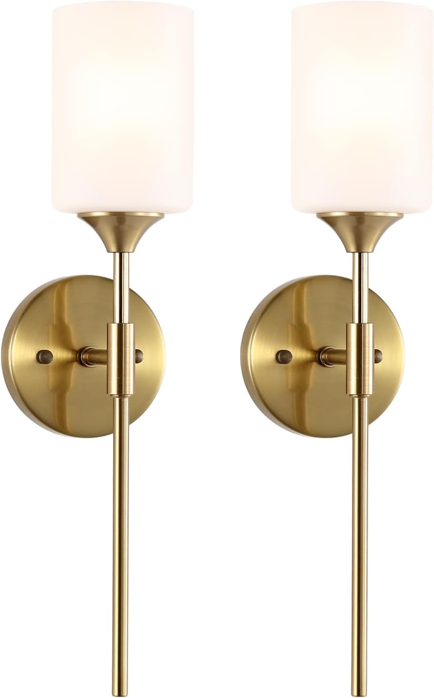 BYOLIIMA Gold Wall Sconce Set of 2 with White Cylinder Glass Shades Modern Mid Century Bathroom Vanity Wall Light Fixtures Industrial Brushed Brass Wall Lamp for Bedroom Mirror Living Room Restaurant
