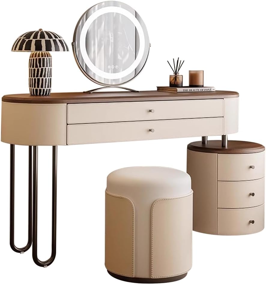 Modern Dressing Table with Mirror, Rounded Vanity Table with Storage and Metal Legs, Cylindrical 3-Drawer Cabinet, Vanity Set for Bedroom