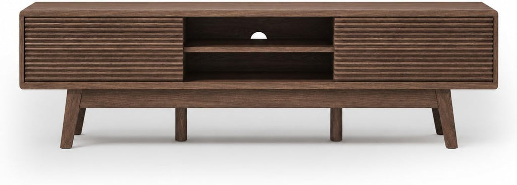 TOLEAD 59' TV Console, Mid Century Modern TV Stand for 55/60/65 Inch TV, Low Profile Media Console with Fluted Sliding Doors, Boho Wood Credenza for Living Room, Walnut