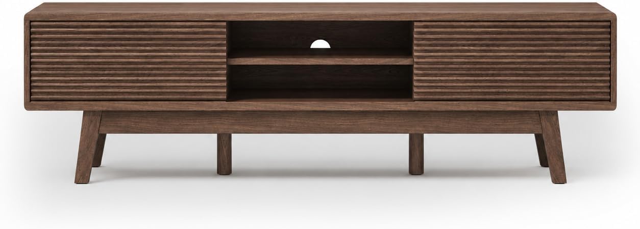 TOLEAD 59' TV Console, Mid Century Modern TV Stand for 55/60/65 Inch TV, Low Profile Media Console with Fluted Sliding Doors, Boho Wood Credenza for Living Room, Walnut