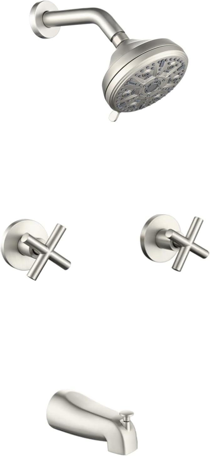 2 Handle Shower Faucet Set with Tub Spout Bathtub Shower Faucet Combo Set Shower System Complete Tub and Shower Trim Kit Brushed Nickel Wall Mounted Shower Fixtures