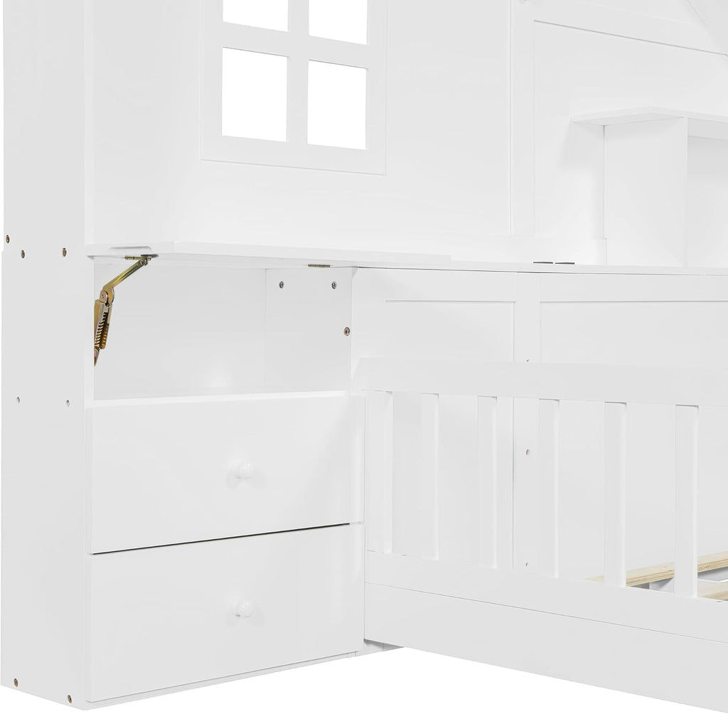 VilroCaz Full Size Kids Floor Bed with Safety Fence, Solid Wood Montessori Platform Bed with House Shape Headboard with Bedside Drawers, Shelves, Sockets and USB Port for Kids Boys Girls (White-LF)