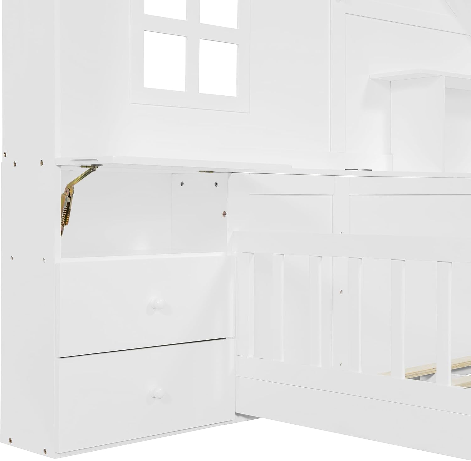 VilroCaz Full Size Kids Floor Bed with Safety Fence, Solid Wood Montessori Platform Bed with House Shape Headboard with Bedside Drawers, Shelves, Sockets and USB Port for Kids Boys Girls (White-LF)