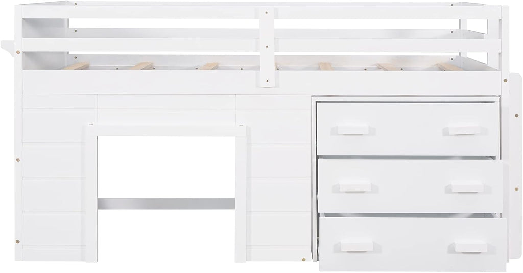 Ball & Cast Twin Size Low Loft Bed with Safety Guardrail & Stair,Wooden Bedframe W/Cabinet & Shelf,Solid Construction,No Spring Box Needed,Furniture Set for Boys Girls Keens Study Bedroom,White
