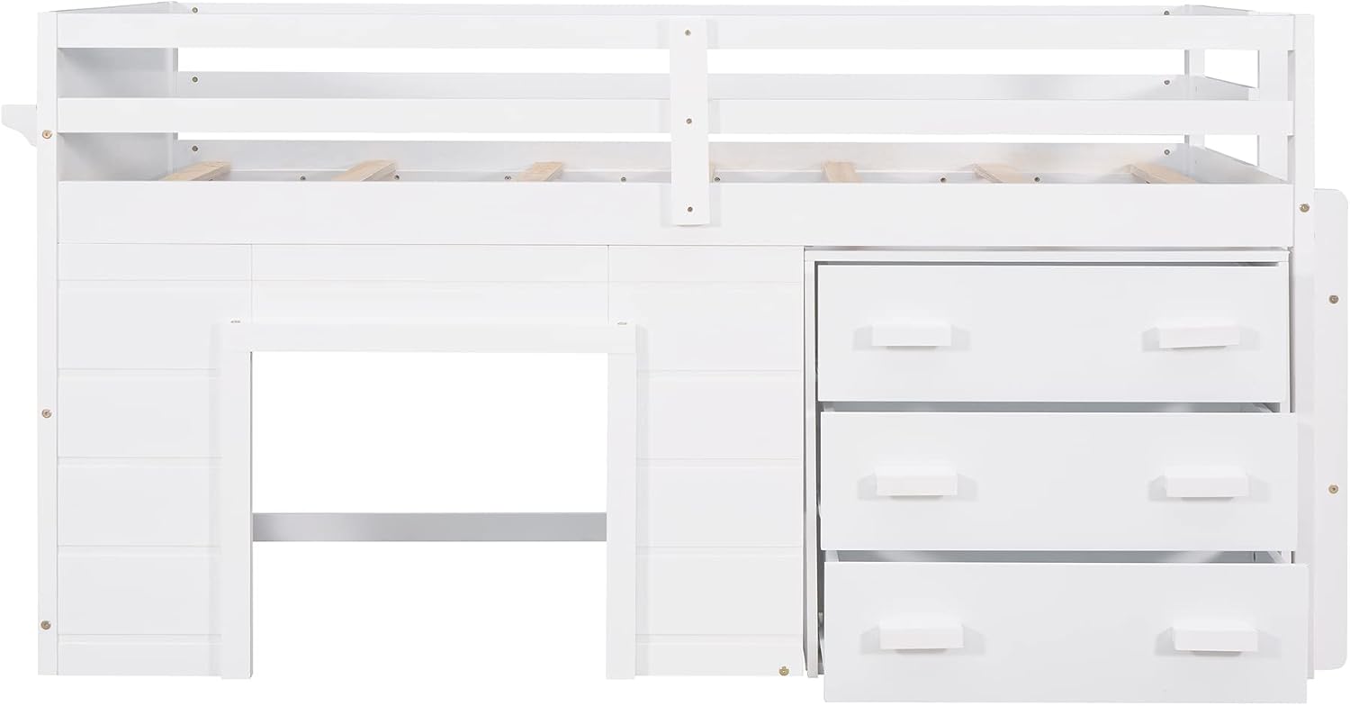 Ball & Cast Twin Size Low Loft Bed with Safety Guardrail & Stair,Wooden Bedframe W/Cabinet & Shelf,Solid Construction,No Spring Box Needed,Furniture Set for Boys Girls Keens Study Bedroom,White