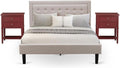 East West Furniture FN08Q-2VL13 3-Piece Fannin Queen Bed Set Furniture with 1 Queen Size Frame and 2 Small Nightstands - Reliable and Durable Construction - Mist Beige Linen Fabric