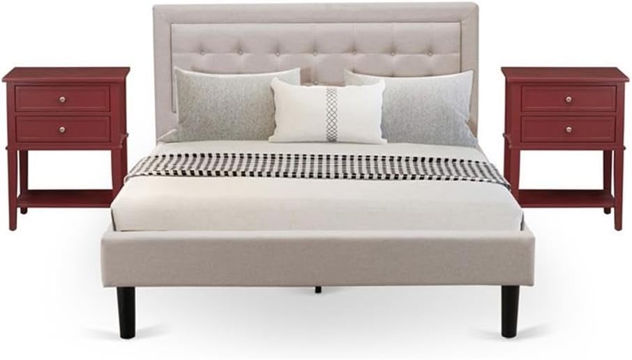 East West Furniture FN08Q-2VL13 3-Piece Fannin Queen Bed Set Furniture with 1 Queen Size Frame and 2 Small Nightstands - Reliable and Durable Construction - Mist Beige Linen Fabric
