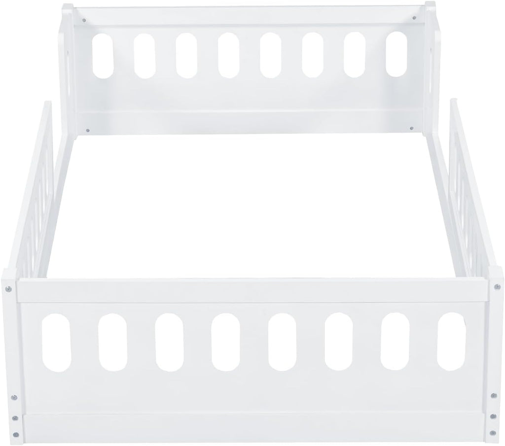 Platform Bed with Guardrail,Wood Floor Bed Frame for Bedroom,No Slat,No Box Spring Needed (White, Twin)