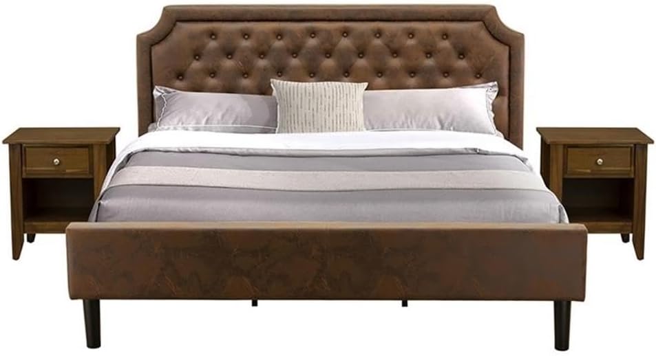 East West Furniture GB25K-2GA08 3-Piece Bedroom Set with Button Tufted King Size Bed and 2 Antique Walnut Mid Century Modern Nightstands - Dark Brown Faux Leather with Black Texture and Black Legs