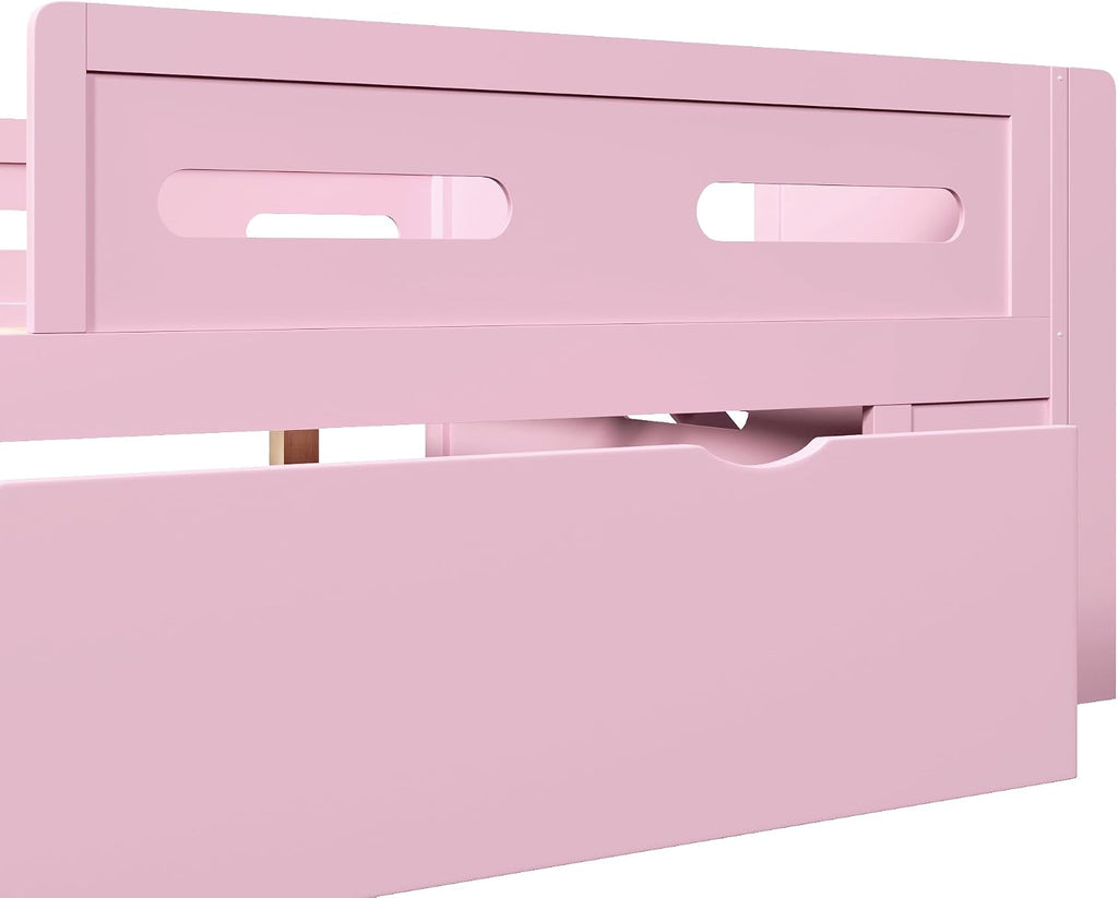 VilroCaz Modern Full Size Platform Bed with Guardrail and Large Drawer, Wood Kids Platform Bed Frame with Two-Step Ladder for Boys Girls, Sturdy Slats Support (Pink-1.12F)