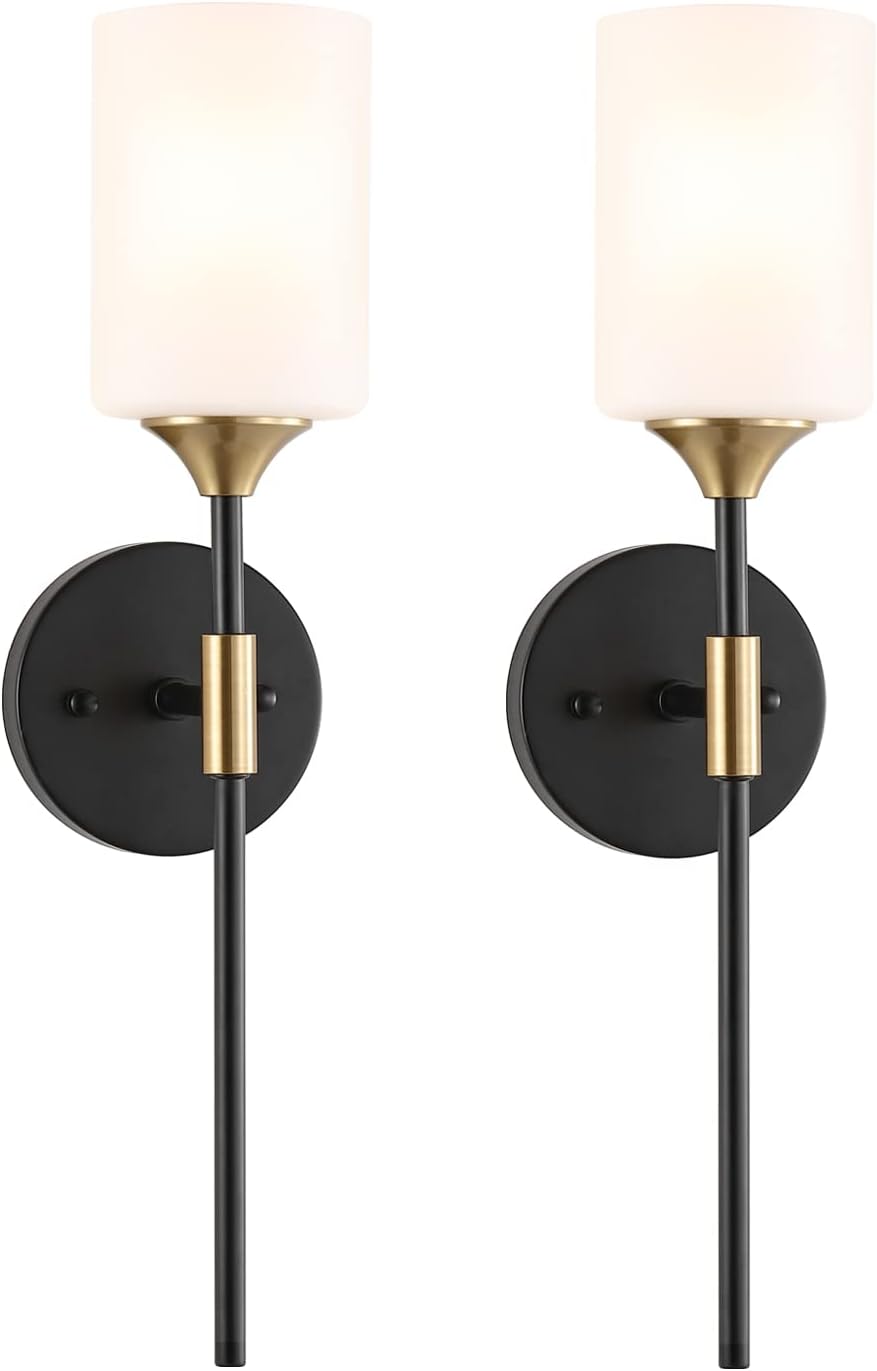 BYOLIIMA Industrial Mid Century Wall Sconce Set of 2 with White Cylinder Glass Shades Modern Bathroom Vanity Wall Lamp Black and Gold Finished Wall Light Fixture