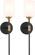 BYOLIIMA Industrial Mid Century Wall Sconce Set of 2 with White Cylinder Glass Shades Modern Bathroom Vanity Wall Lamp Black and Gold Finished Wall Light Fixture