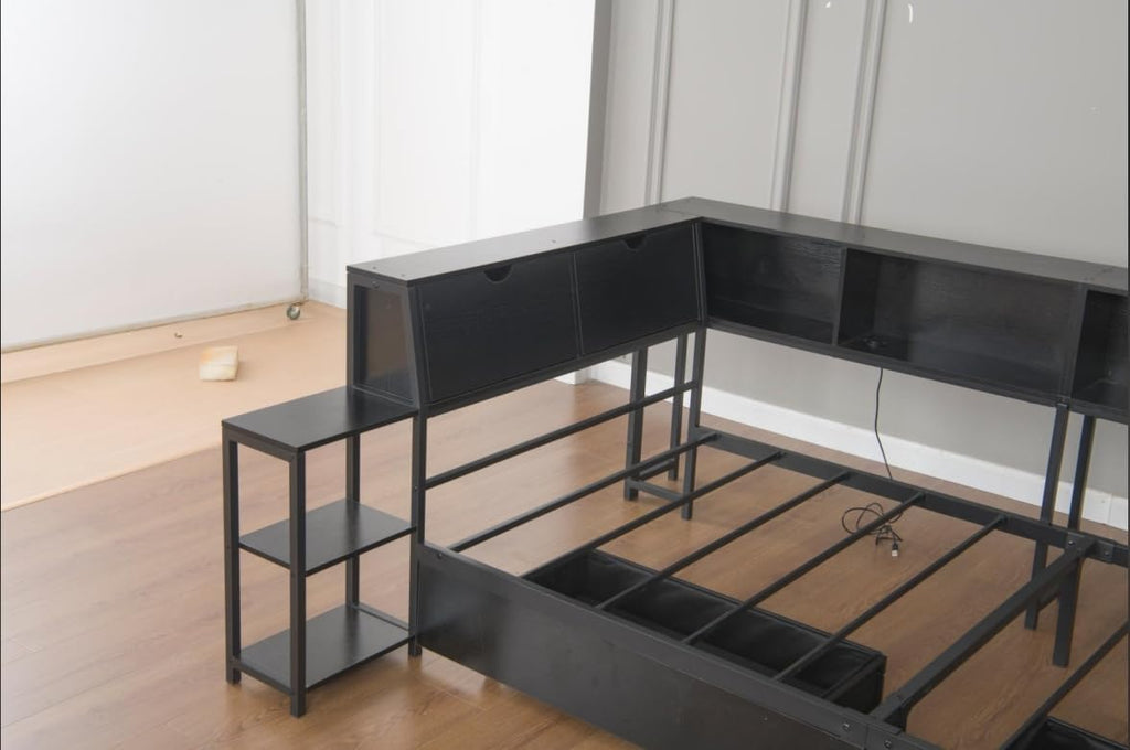 Bellemave Full Corner Bed Frame with Desk and Storage, Full Size Captains Bed with Charging Station and LED Light, Wood Daybeds with L-Shaped Bookcase and 2 Drawers, Black