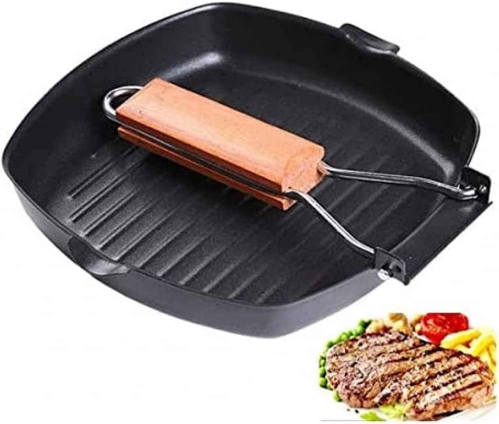 Folding Handle Non-Stick Square Frying Pan Grill Pan Skillet Griddle Pan,Non-Stick Iron Steak Frying Pan,Square Grill Pan Steak Wok(24 x 24cm)
