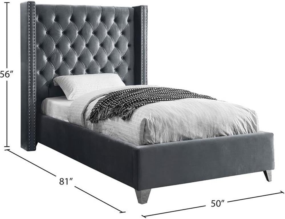 Meridian Furniture Aiden Collection Modern | Contemporary Velvet Upholstered Bed with Deep Button Tufting, Solid Wood Frame, and Custom Chrome Legs, Twin, Grey