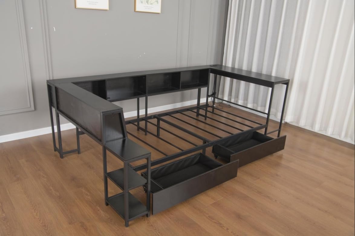 Bellemave Full Corner Bed Frame with Desk and Storage, Full Size Captains Bed with Charging Station and LED Light, Wood Daybeds with L-Shaped Bookcase and 2 Drawers, Black