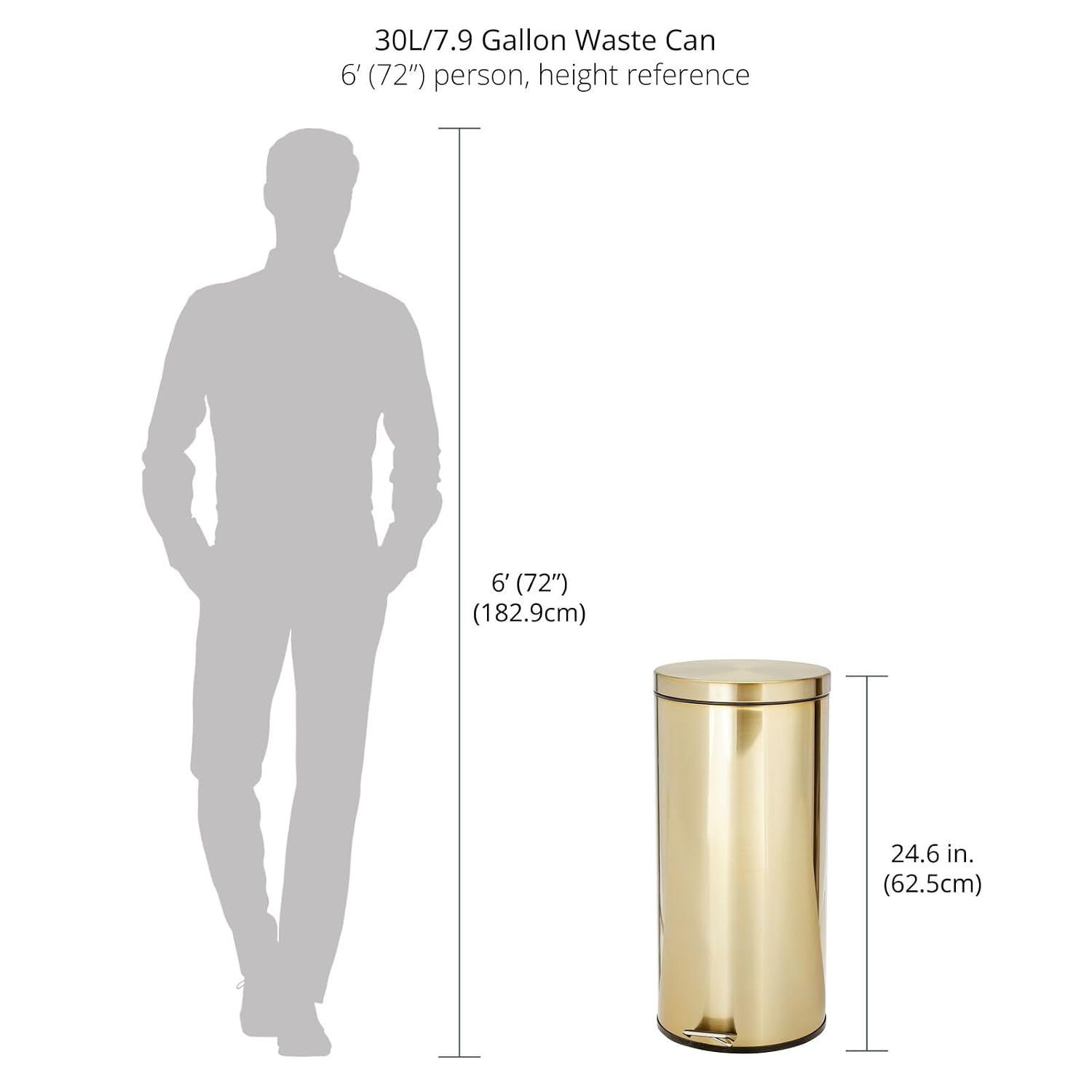 mDesign Tall 30 Liter, Large Round Metal Lidded Step Trash Can, Thin Compact Garbage Bin with Removable Liner Bucket for Bathroom, Kitchen, Craft Room, Office, Garage - Soft Brass