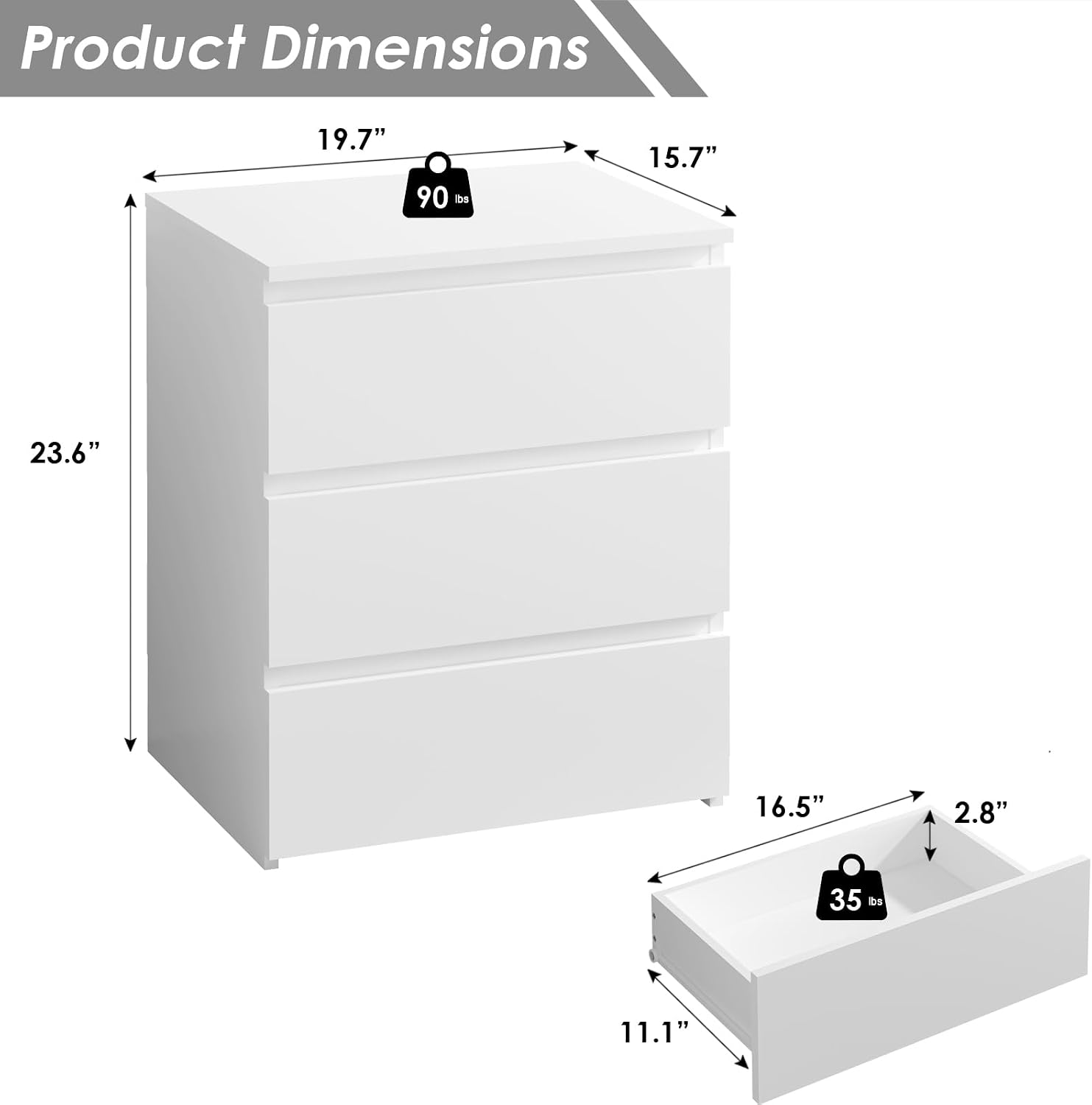3-Drawer Nightstand & Side Storage Table, Minimalist Modern White Bedside End Tables with Ample Storage, Versatile Wooden Chest of Drawers for Bedroom, Living Room, Offices (Set of 2)