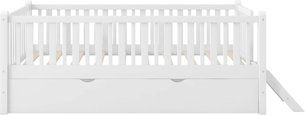 VilroCaz Twin Size Platform Bed with Guardrail and Trundle, Wood Kids Platform Bed Frame with Two-Step Ladder for Boys Girls, Sturdy Slats Support (White-1.26T)