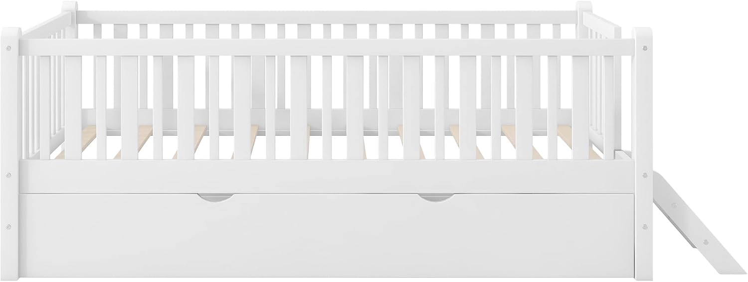 VilroCaz Twin Size Platform Bed with Guardrail and Trundle, Wood Kids Platform Bed Frame with Two-Step Ladder for Boys Girls, Sturdy Slats Support (White-1.26T)