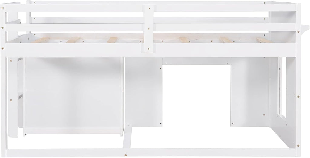 Ball & Cast Twin Size Low Loft Bed with Safety Guardrail & Stair,Wooden Bedframe W/Cabinet & Shelf,Solid Construction,No Spring Box Needed,Furniture Set for Boys Girls Keens Study Bedroom,White