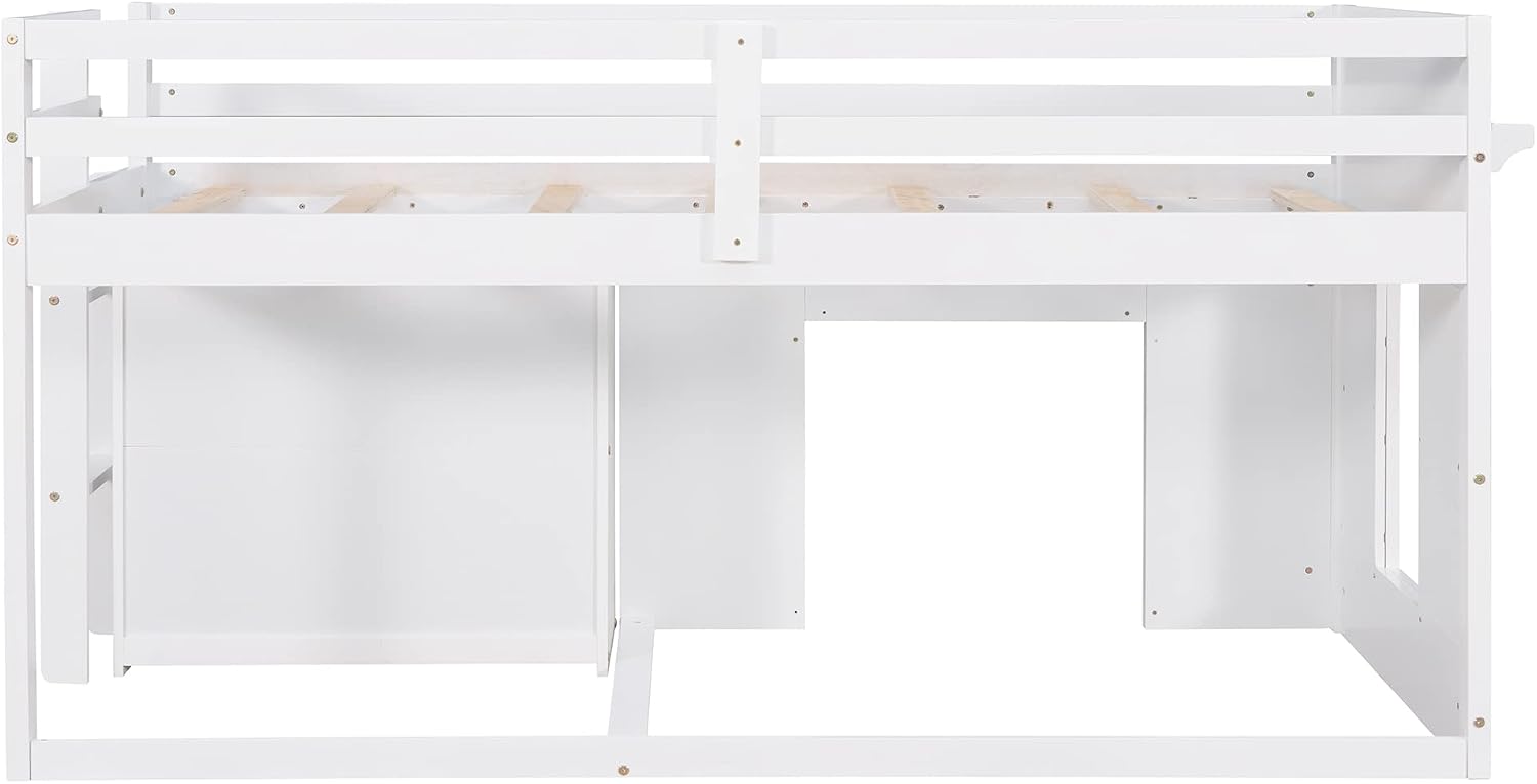 Ball & Cast Twin Size Low Loft Bed with Safety Guardrail & Stair,Wooden Bedframe W/Cabinet & Shelf,Solid Construction,No Spring Box Needed,Furniture Set for Boys Girls Keens Study Bedroom,White