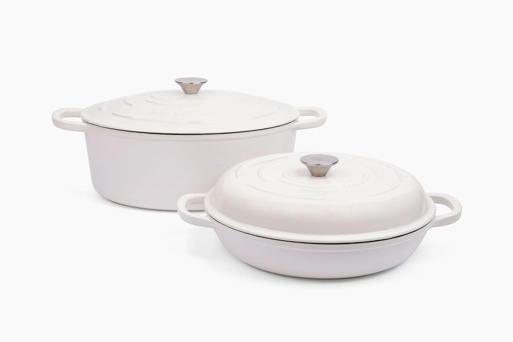 Larder & Vine 4-Piece Enameled Cast Iron Cookware Set: 8 Quart Dutch Oven with Lid, 3.6 Quart Braiser with Lid, Cast Iron Cookware with Oversized Handles, Oven Safe up to 500°F (White)