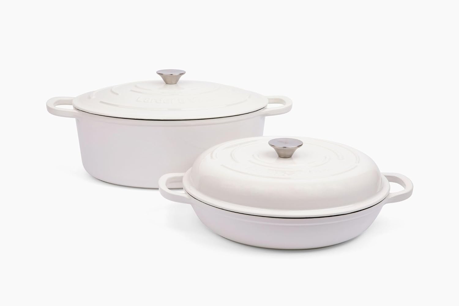 Larder & Vine 4-Piece Enameled Cast Iron Cookware Set: 8 Quart Dutch Oven with Lid, 3.6 Quart Braiser with Lid, Cast Iron Cookware with Oversized Handles, Oven Safe up to 500°F (White)