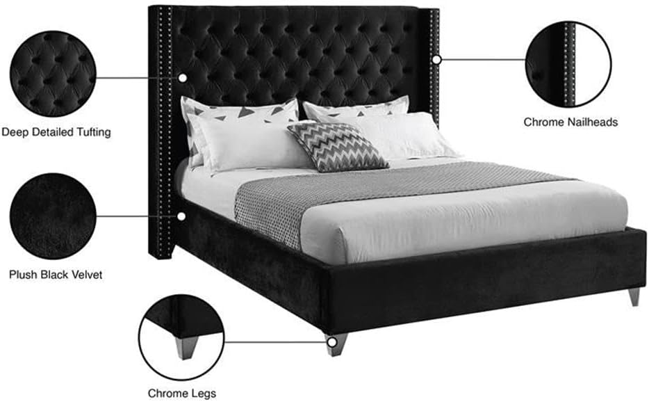 Meridian Furniture Aiden Collection Modern | Contemporary Velvet Upholstered Bed with Deep Button Tufting, Solid Wood Frame, and Custom Chrome Legs, Full, Black
