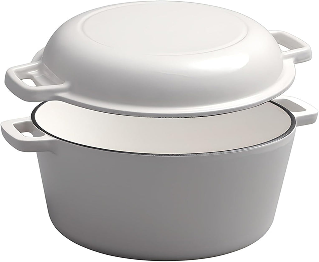 White,Mswborml Heavy-Duty Round Cast Iron Double Dutch Oven with Lid, Sturdy Casserole Dish with Lid, Oven Safe Nonstick Shallow Casserole Braiser with Dual Handle Ovenproof, 26cm/10.2in