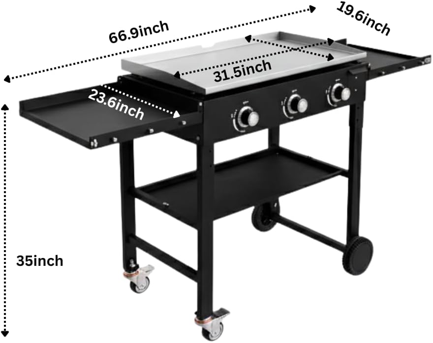 Alpine Cuisine Cast Iron Griddle & 3 Burner Gas Grill Combo, Outdoor Cooking Station with Side Shelves & Wheels | 67' x 24' x 35'