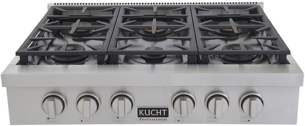 Pemberly Row 36 in Propane Gas Cooktop, Stainless Steel w/Silver Knobs, 6-Burner Range Top w/Auto Reignition, Cast-Iron Grates, Reversible Grill/Griddle, Professional Kitchen Appliance