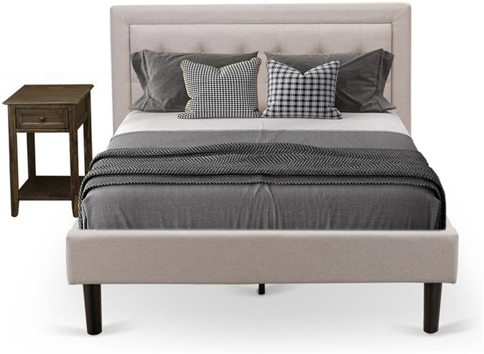 East West Furniture FN08F-1VL07 2-Piece Fannin Full Size Bedroom Set with 1 Mid Century Bed and a Mid Century Modern Nightstand - Reliable and Sturdy Construction - Mist Beige Linen Fabric