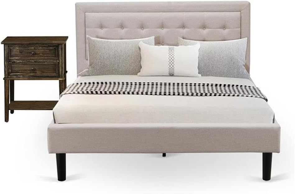 East West Furniture FN08Q-1VL07 2-Piece Fannin Bedroom Furniture Set with 1 Upholstered Bed and an End Table for Bedroom - Mist Beige Linen Fabric