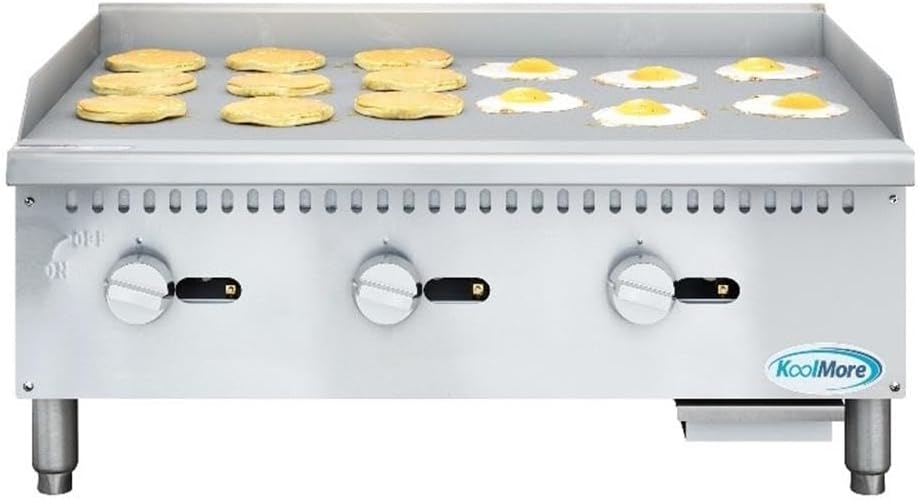Pemberly Row 36-Inch Natural Gas Griddle, 3-Burner, 90000 BTU, Stainless Steel Construction, Adjustable Temperature, Drip Tray, Heavy Duty Flat Top Countertop Griddle for Restaurants or Food Trucks