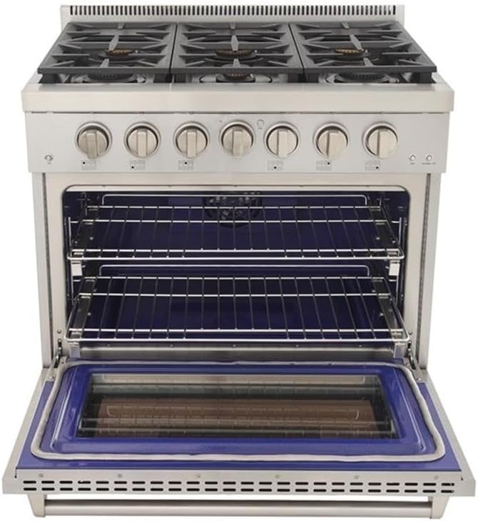 Pemberly Row 36' Propane Gas Range, Stainless Steel Finish, 6 Sealed Burners, True Simmer Burners, Reversible Grill/Griddle, Convection Oven, Infrared Broiler Residential Kitchen Cooking Appliance