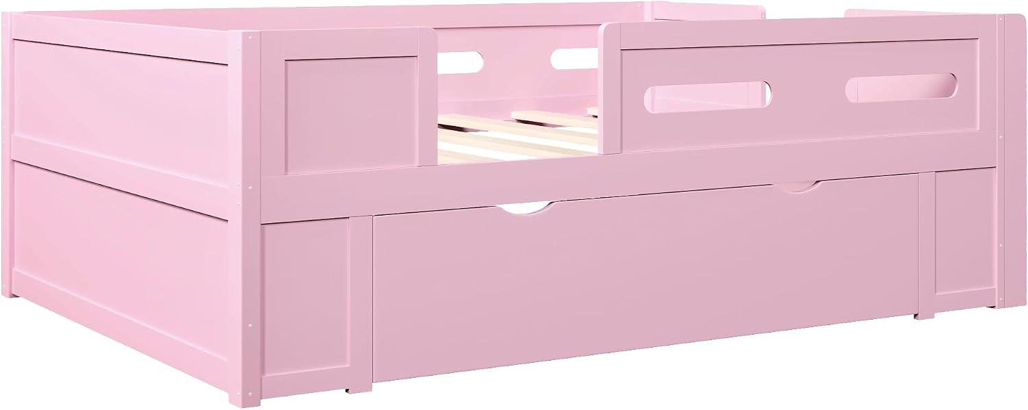 VilroCaz Modern Twin Size Platform Bed with Guardrail and Large Drawer, Wood Kids Platform Bed Frame with Two-Step Ladder for Boys Girls, Sturdy Slats Support (Pink-1.12T)